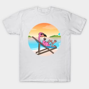 Flamingo Chill At Beach With Sunset Comic Style T-Shirt